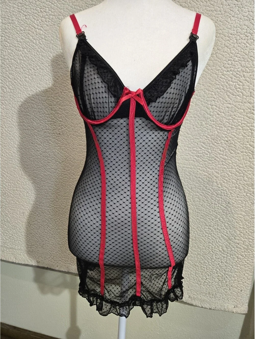 fredericks of hollywood lace Corset Bodysuit Mesh Black/red Trim Vtg 90sY2k Sm